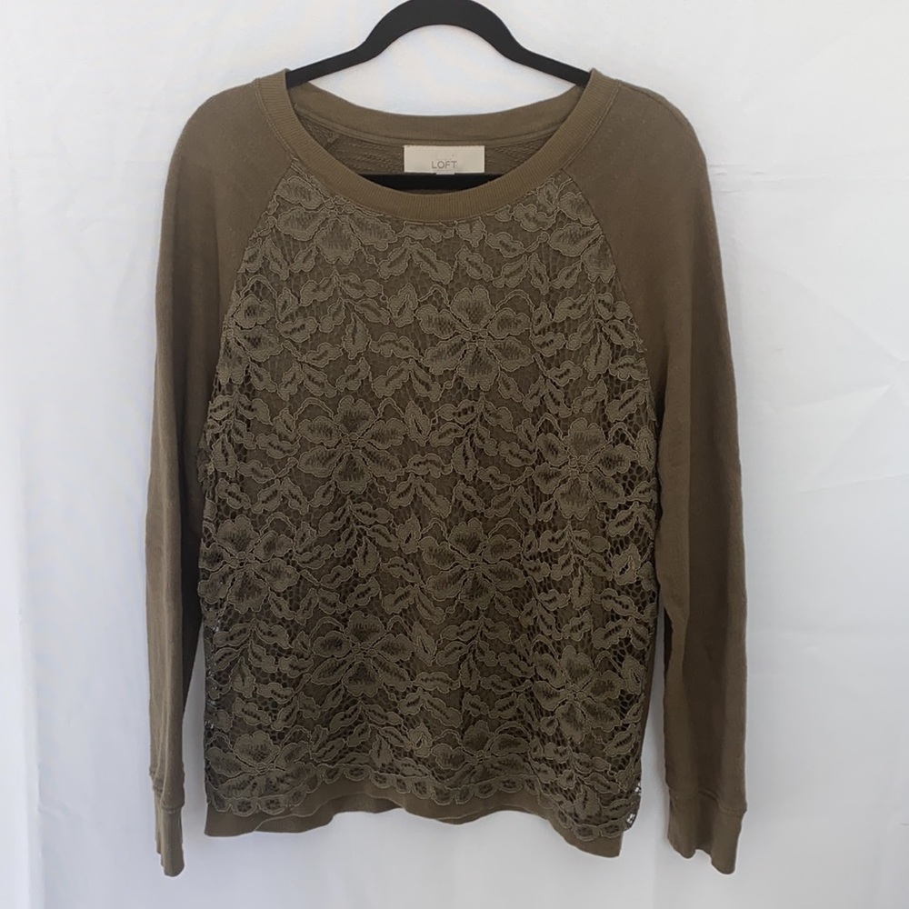 Ann Taylor Loft olive/army green long sleeved top with Lacey overlay.